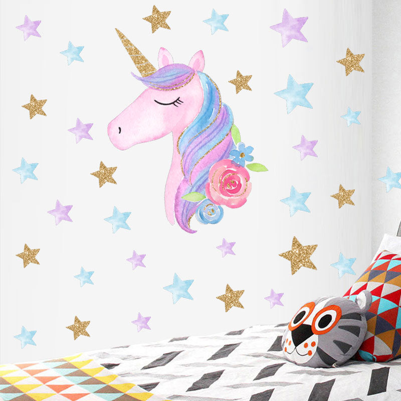 HOT Fantasy Unicorn Stars Rainbow Wall Sticker Girls Bedroom Wall Decal Art Decal DIY Nursery Home Decor